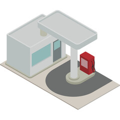 Isometric Gas Station Building with Red Fuel Pump and Gray Canopy on Transparent Background
