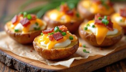 Mini potato skins with melted cheese, sour cream, bacon bits, and chives are arranged on a rustic wooden board. These loaded baked potato appetizers are perfect for parties and game days.