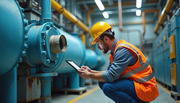 Man in yellow hard hat, orange safety vest checks water management system on tablet computer near large blue pipes in industrial water factory. Worker crouches on floor conducting inspection.