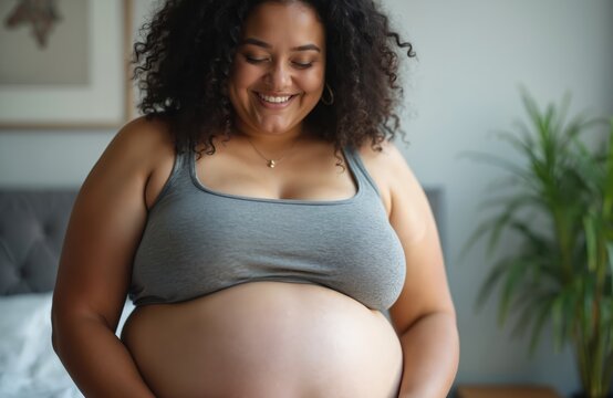 Happy overweight woman with curly hair embraces her body shape with a smile. She wears a grey tank top and shorts in a stylish bedroom. Body positivity and self acceptance are key themes.