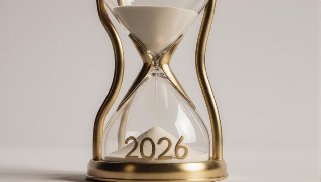 A golden hourglass with sand marking the countdown to 2026.