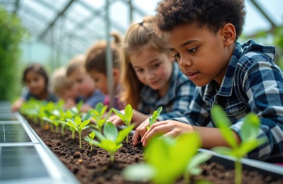 Children in greenhouse plant seedlings near solar panels. Young learners engage in botany and renewable energy education. Diverse kids cultivate green sprouts, foster eco-friendly growth and science. - Powered by Adobe