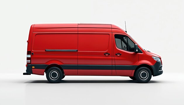 Red van parked on a white background. This is a side view of a cargo vehicle. The automobile is ready for delivery or transport services. Its clean exterior suggests business use.