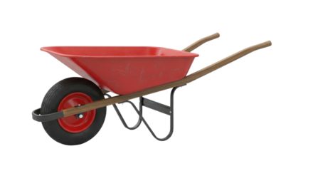 Isolated Red Wheelbarrow Product Shot with Wooden Handles and Black Tire isolated on Transparent Background
