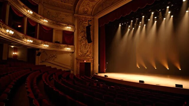 Elegant auditorium seating, empty red chairs in classic theater hall