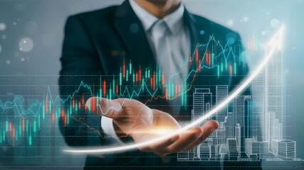Business hand over financial graph display, digital market analysis interface with rising trend line, data visualization elements, financial growth concept, modern technology environment. - Powered by Adobe