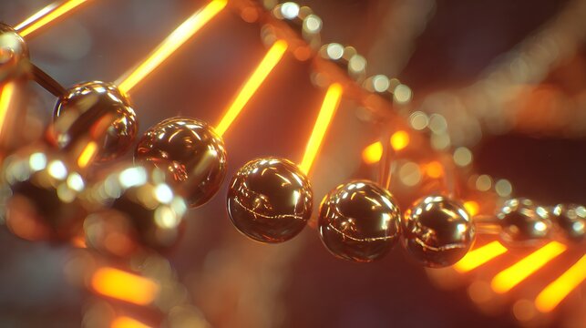 Close-up of a DNA strand with glowing orange light, representing genetic research and scientific innovation.