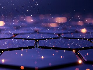 A close-up, abstract view of a dark, reflective hexagonal grid surface with numerous small, glowing particles and out-of-focus bokeh lights in a deep purple and