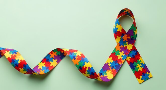 A vibrant, multicolored ribbon with a puzzle piece pattern, symbolizing autism awareness and support, on a soft green background