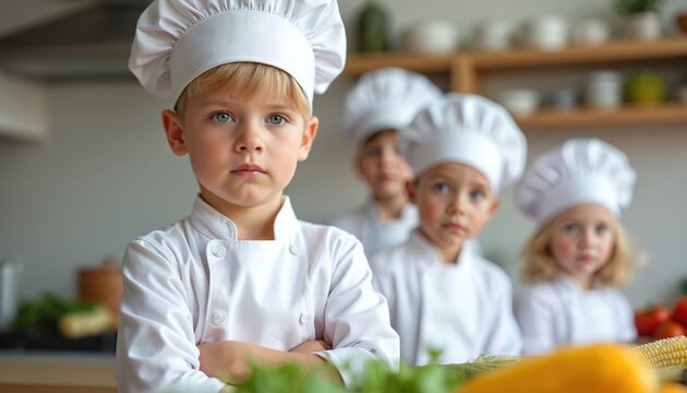 Group of kids dressed as chefs in kitchen. Children learning cooking skills with fresh food produce. Little cooks in white uniform at culinary workshop enjoy teamwork and healthy meal.