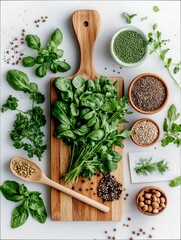 A top-down view of a wooden cutting board filled with fresh basil and parsley, surrounded by various spices in bowls and a spoon, with scattered peppercorns and