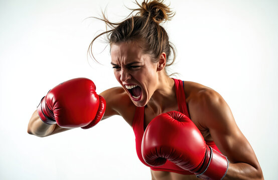 Boxer woman yells in red gloves against white backdrop. Female fighter shows anger. Girl demonstrates strength, fitness, power. Sportswoman wears boxing glove, ready for fight. Female athlete trains