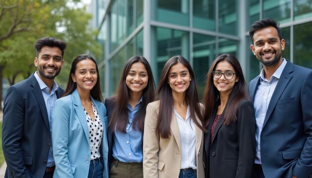 Indian business students smiling outdoors near school building. Young team in formal suits. Education group portrait showcases diverse confident friends and colleagues in future career training. - Powered by Adobe