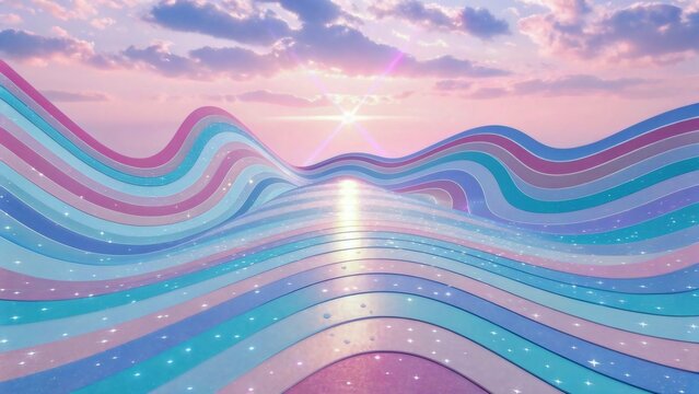 Colorful rainbow wavy road under bright sun and cloudy sky in pastel colors as abstract background with happiness and freedom for web design and digital art concept