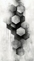 A vertical composition of overlapping gray hexagons with a textured, grunge-like background. Vertical lines and splatters add to the distressed aesthetic.