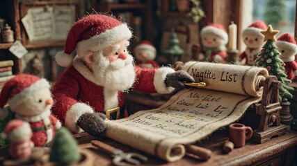 Santa Claus Writing Christmas List Surrounded by Festive Decorations and Toy Friends in Cozy Workshop - Powered by Adobe