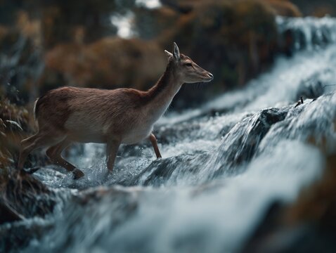 Graceful wild deer carefully navigating through a rocky mountain stream with flowing water in its natural environment. - Powered by Adobe