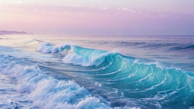 Seascape of turquoise ocean waves breaking near shore at pink sunset with calm water and soft sky as natural landscape of vacation travel to tropical beach