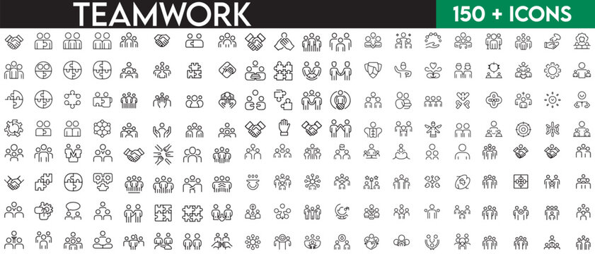 Set of line icons related to society, teamwork, cooperation. Outline icon collection. Editable stroke. Vector illustration. with white background