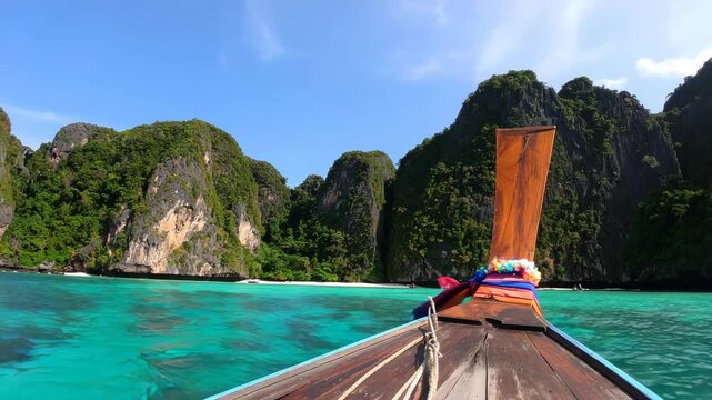 Longtail boat sailing towards a tropical island with limestone cliffs and turquoise water on a sunny day