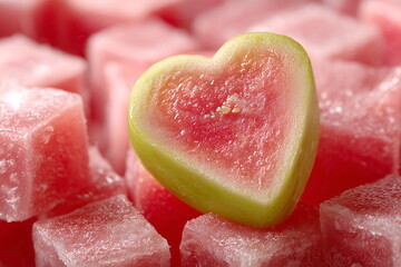 Background of frozen guava in cube and heart shapes. Advertisement for frozen berries and fruits. 
