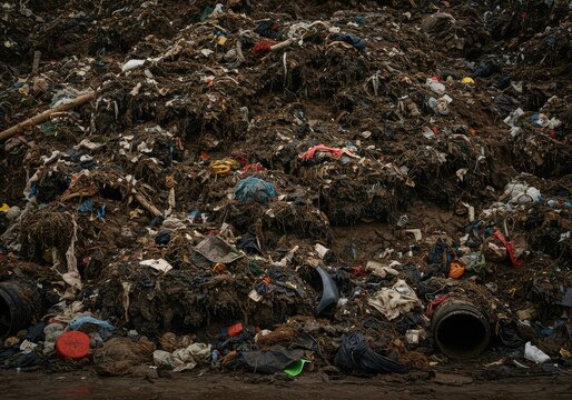 A massive, disgusting pile of extracted sewage waste and debris, showcasing accumulated rags, plastics, and grime from a blocked underground drainage system ,piled ,filth ,blockage