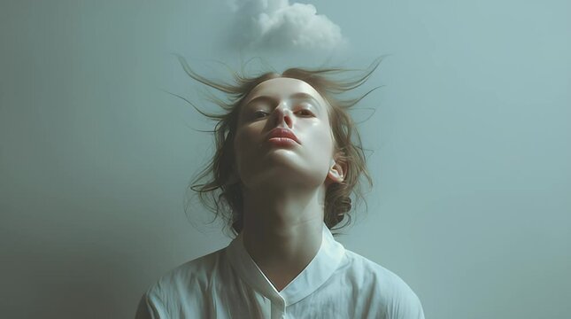 Conceptual artistic portrait of a young woman with a personal storm cloud brewing above her head