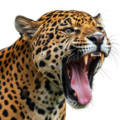 Obraz premium Close up of a roaring jaguar head isolated on transparent background
