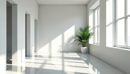 Modern interior render with white walls tiles, green plant. Bright light from windows falls on floor. Clean empty room decor. Minimalist architectural design in sunny apartment showcases open space.