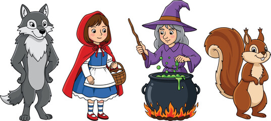 Fairy tale characters illustration, Little Red Riding Hood, witch with cauldron, cartoon wolf, squirrel, storytelling, folklore, children, fantasy, magic