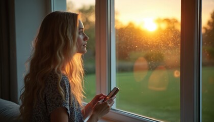 Woman looks out window at sunset. She holds smartphone. Blonde woman is pensive in office or home. Outside green lawn and trees. Golden light on face.