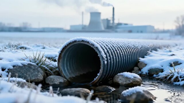 Frost-covered drainage pipe emerges from icy ground, surrounded by stones and snow, as the camera smoothly pans to reveal the industrial backdrop, showcasing the serene winter landscape and environmen