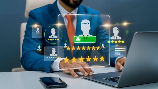 Businessman desk with laptop, digital candidate profile, rating icon, skill bar, HR dashboard, recruitment data, evaluation metric, talent selection interface, corporate hiring display.