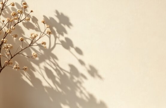 Dried branch with small light flowers casts soft, long shadow on warm beige wall. Bright sunshine creates aesthetic abstract pattern. Clean, minimal background features natural organic shapes,