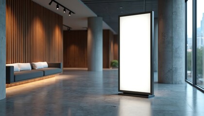 Blank vertical billboard stands in modern hall. Empty screen offers advertising space. Interior has lounge zone with sofa. Concrete pillars and wooden wall panel in office.