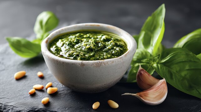 Rustic white bowl of glossy green pesto with fresh basil, pine nuts, and garlic on dark slate for cooking, recipe, and gourmet food styling concept

