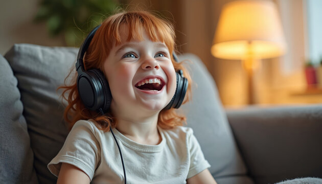 Joyful redhead child laughs wearing headphones on sofa at home. Kid enjoys audio entertainment on couch. Youngster listens to music with headset indoors. Childhood fun and leisure at home.