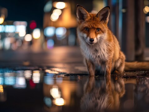 A beautiful red fox captured at eye level, reflecting in a puddle on a wet city street at night with bokeh lights.