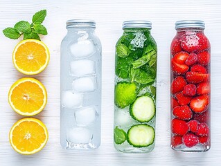 Three clear glass bottles filled with infused water. One bottle contains ice cubes. Another has mint leaves and cucumber slices. The third is filled with strawb