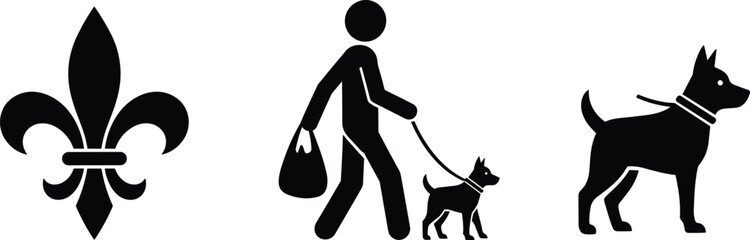 Fleur-de-lis symbol, dog walking silhouette, pet owner icon, large dog figure, black vector set, white background, lifestyle concept