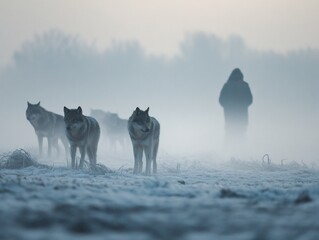 A pack of wild wolves emerging from the dense winter mist in a frosty, snowy landscape, with a distant human silhouette.
