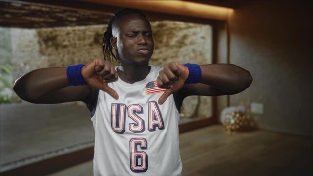 Man wearing usa jersey number six shows thumbs down with bare thumb and blue wristbands in studio interior, grimacing expression; team critique disapproval.
