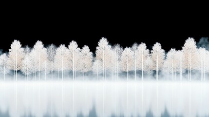 A line of bare, white trees stands in a misty, ethereal forest, reflected in calm, icy water under a dark sky.