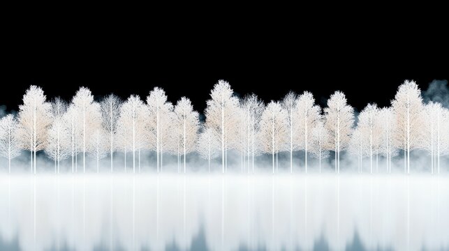A line of bare, white trees stands in a misty, ethereal forest, reflected in calm, icy water under a dark sky. - Powered by Adobe