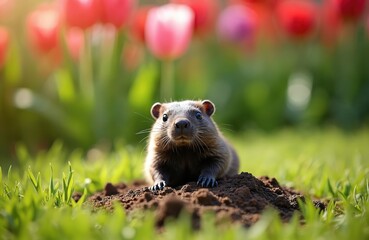 Fototapeta premium Small mammal peeks from its burrow. Cute rodent with whiskers sits on brown dirt pile near green grass and blurred tulips. Wild animal in spring garden.