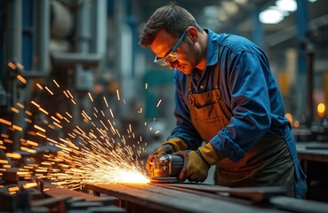 Man uses grinder in workshop. Sparks fly as worker grinds metal wearing safety glasses. Male technician in blue uniform works with metal at factory. Construction worker welds steel at industry plant.