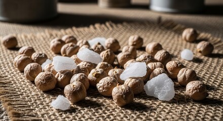 A Rustic Presentation Of Chickpeas And Crystalline Sugar Grains On Woven Texture