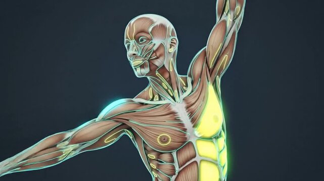 Futuristic human anatomy animation of the female muscular system. Detailed view of chest and abdominal muscle activation during arm movement. Medical and scientific visualization.