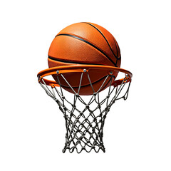 Fototapeta premium A basketball is perfectly poised on top of a basketball hoop, isolated on transparent background, ready to be shot through for a winning score