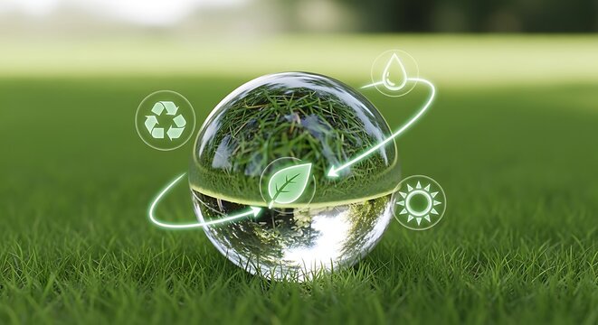 Crystal sphere reflecting green nature with environmental icons